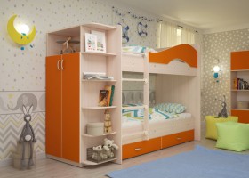 Кровать Мая двухъярусная с ящиками и шкафом Млечный дуб/Оранжевый в Боготоле - bogotol.katalogmebeli.com | фото