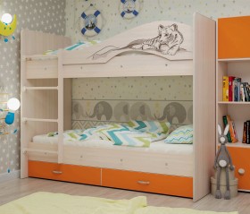 Кровать Мая-Сафари двухъярусная с ящикамиМлечный дуб/Оранжевый в Боготоле - bogotol.katalogmebeli.com | фото